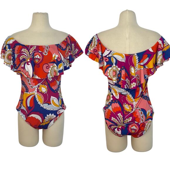 Trina Turk Sevilla Off Shoulder One Piece Swimsuit Multicolor L - Picture 1 of 10